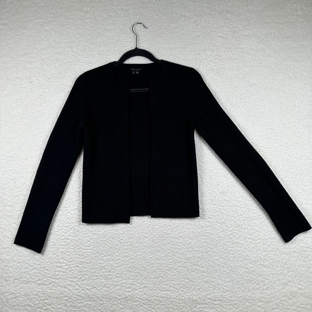 Theory Cardigan Ribbed Knit Wool Blend Open Front S Black Quiet Luxury Office
